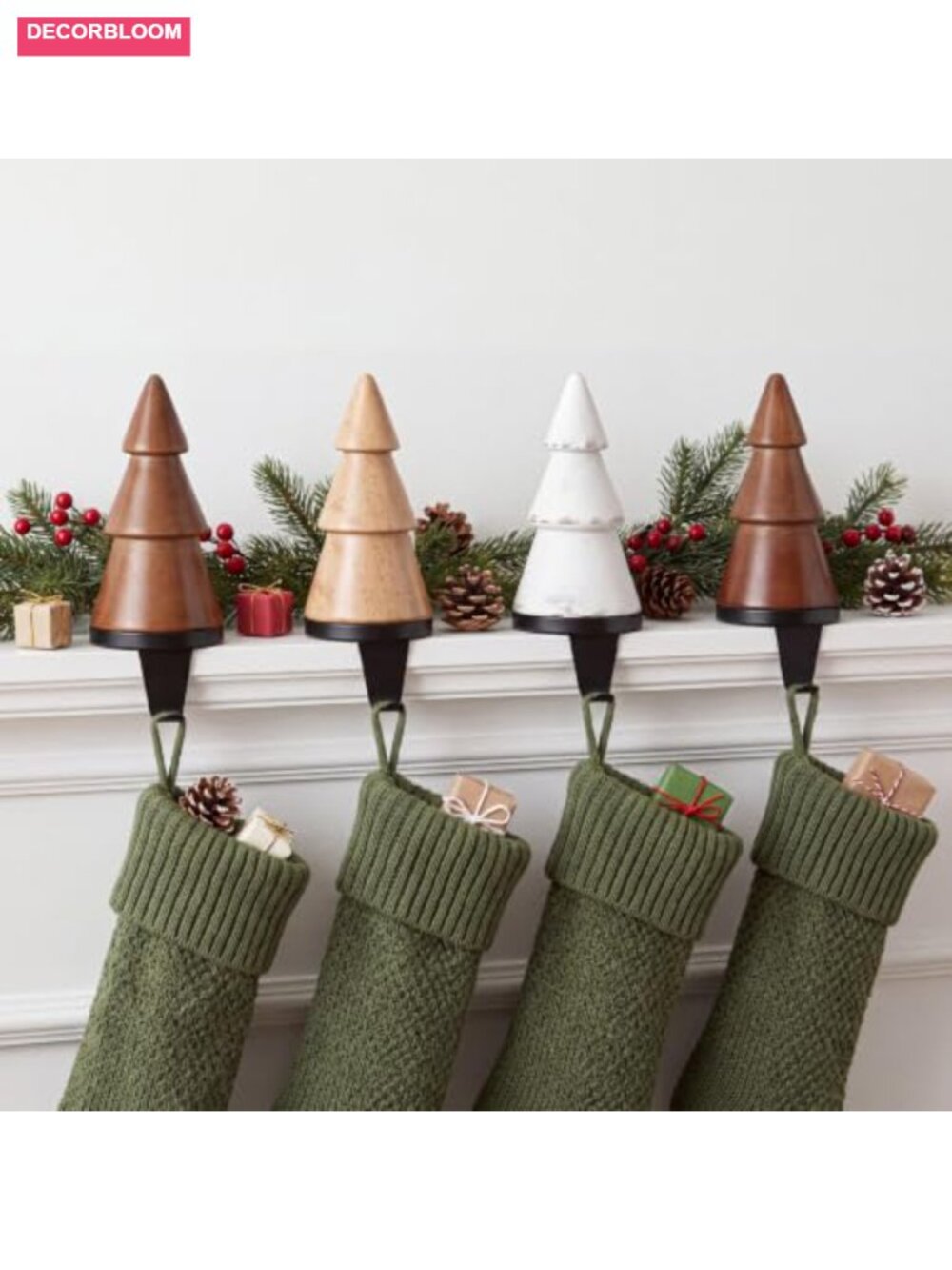 4 Pack Wooden Christmas Tree Stocking Holders for Mantel with Metal Hooks